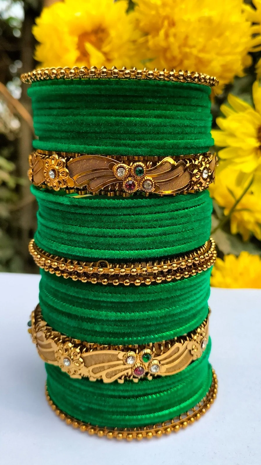 Green Velvet Bridal Chura Bangles Set with Gold Plated Floral Kundan Kada Traditional Indian Wedding Chooda Jewellery Set for Women Punjabi Bridal Bangles Festival Wear image 1