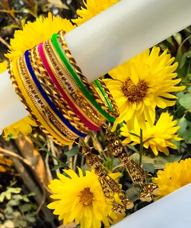 Traditional Indian Multicolour Velvet Thread Bangles Set with Gold Plated Designer Kada, Stone Studded Bridal Chuda Style Bangles with Latkan Tassel for Women Wedding Festival Jewellery thumbnail 1