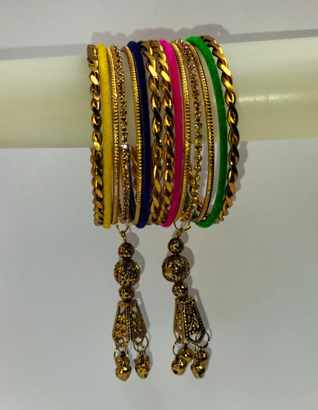 Traditional Indian Multicolour Velvet Thread Bangles Set with Gold Plated Designer Kada, Stone Studded Bridal Chuda Style Bangles with Latkan Tassel for Women Wedding Festival Jewellery image 3
