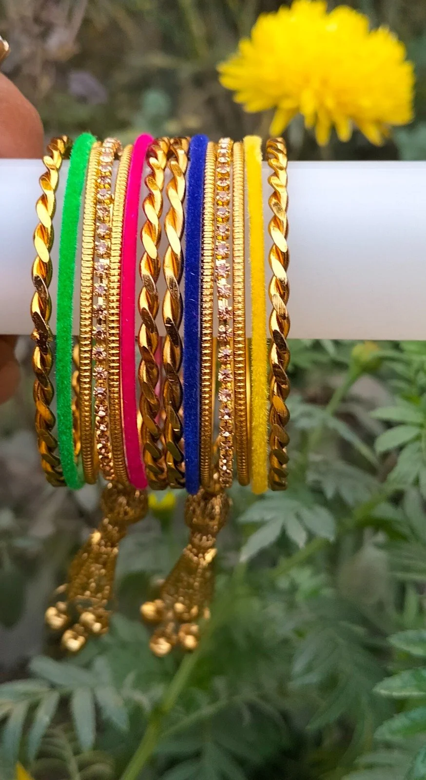 Traditional Indian Multicolour Velvet Thread Bangles Set with Gold Plated Designer Kada, Stone Studded Bridal Chuda Style Bangles with Latkan Tassel for Women Wedding Festival Jewellery image 4