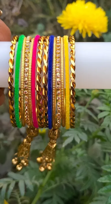 Traditional Indian Multicolour Velvet Thread Bangles Set with Gold Plated Designer Kada, Stone Studded Bridal Chuda Style Bangles with Latkan Tassel for Women Wedding Festival Jewellery thumbnail 3