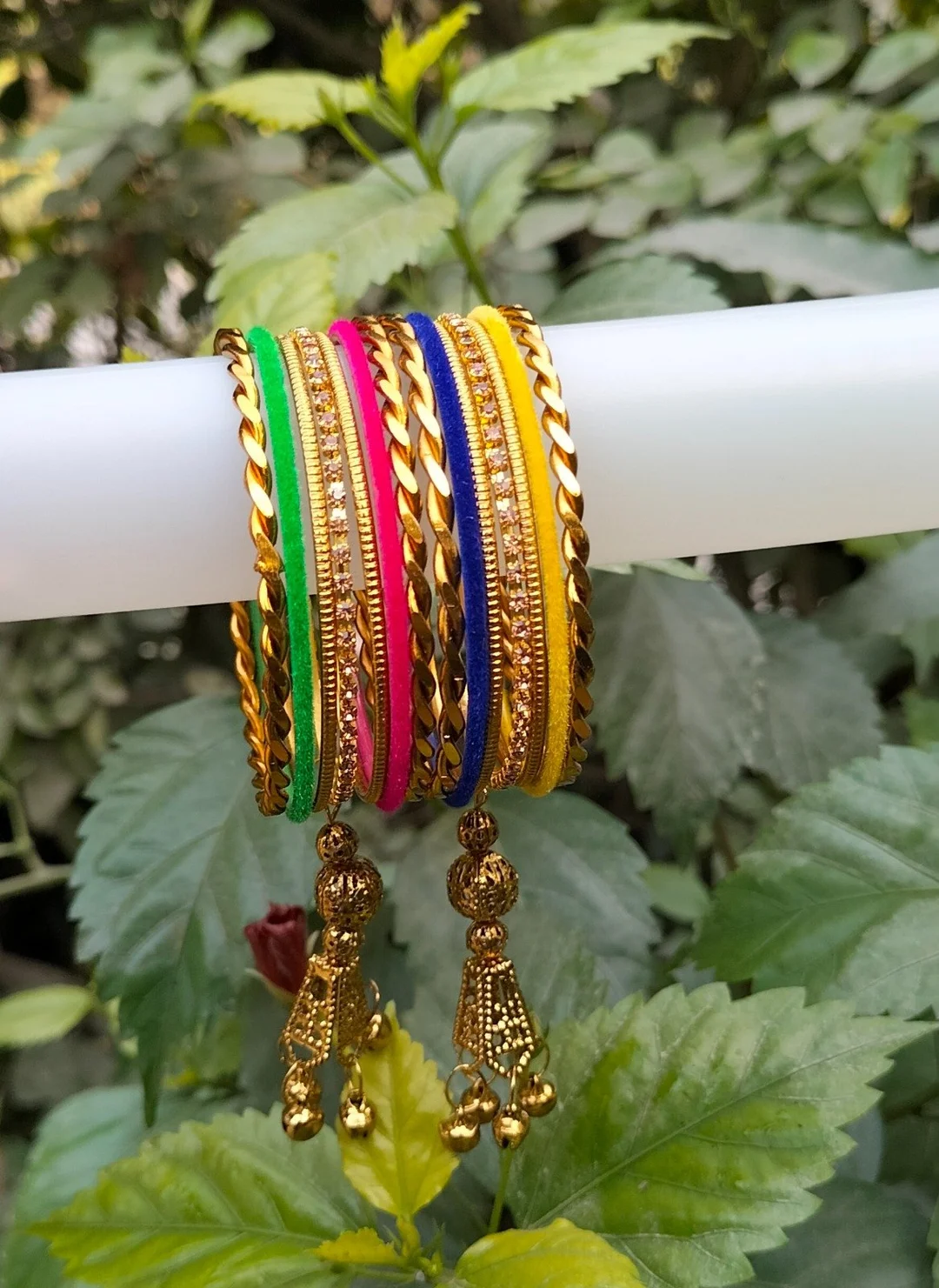 Traditional Indian Multicolour Velvet Thread Bangles Set with Gold Plated Designer Kada, Stone Studded Bridal Chuda Style Bangles with Latkan Tassel for Women Wedding Festival Jewellery image 5