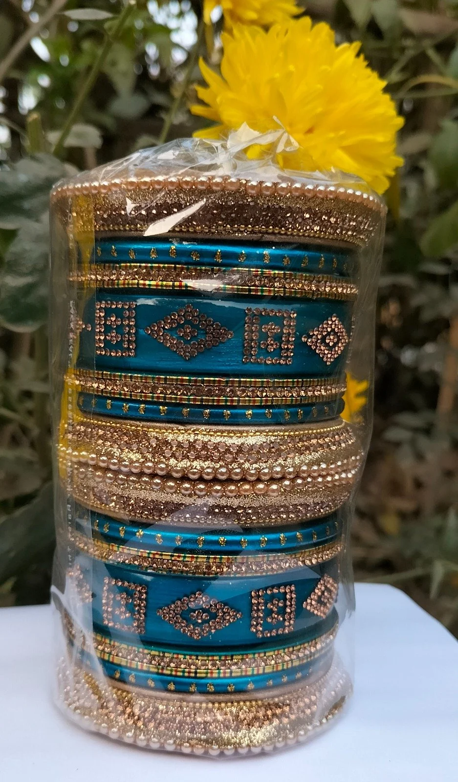 Dakshnna Teal Blue Designer Bridal Bangle Set for Women with Gold Rhinestone Stone Work Pearl Studded Indian Wedding Chooda Style Traditional Party Wear Bangles Jewellery Set image 2