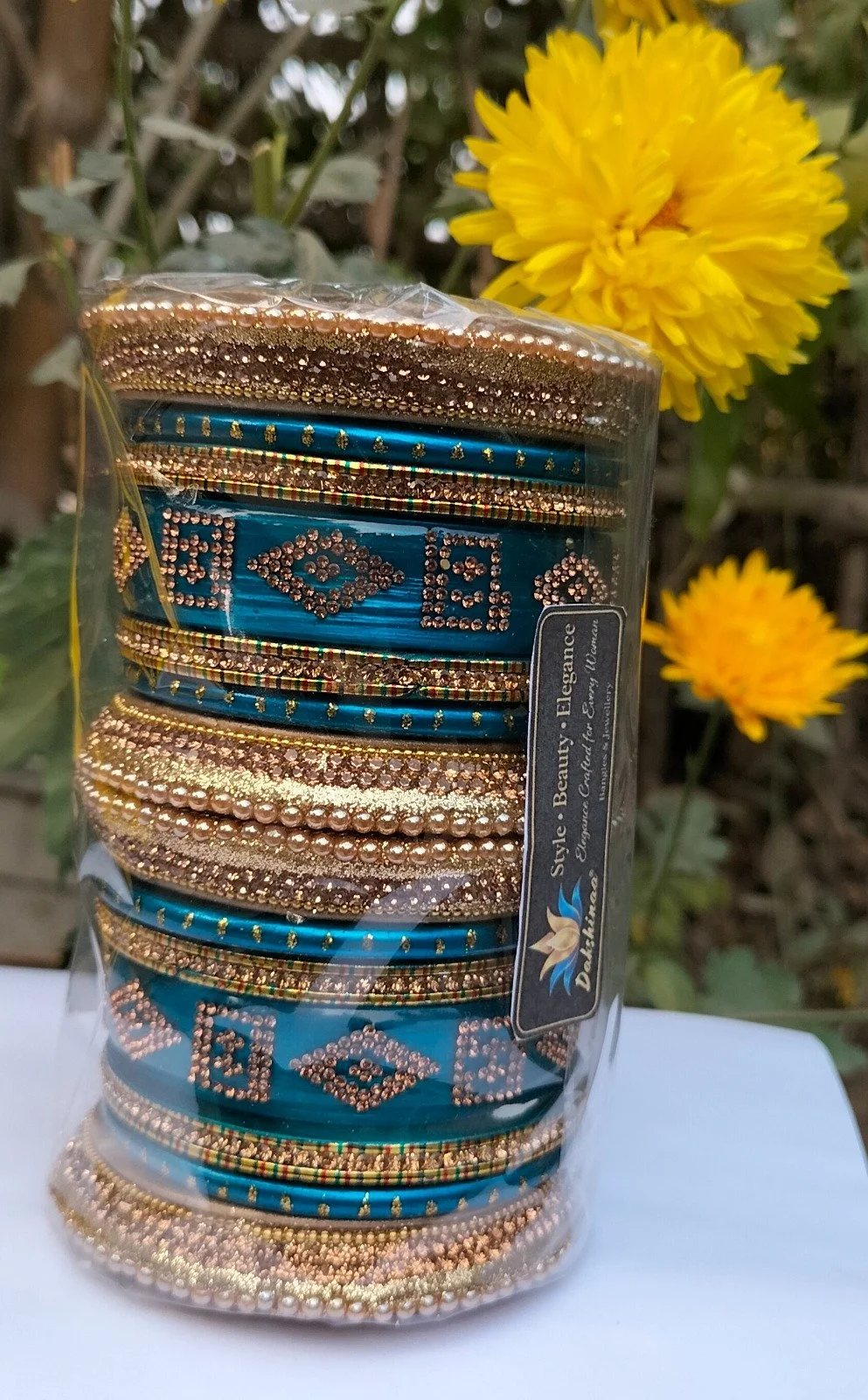 Dakshnna Teal Blue Designer Bridal Bangle Set for Women with Gold Rhinestone Stone Work Pearl Studded Indian Wedding Chooda Style Traditional Party Wear Bangles Jewellery Set image 3