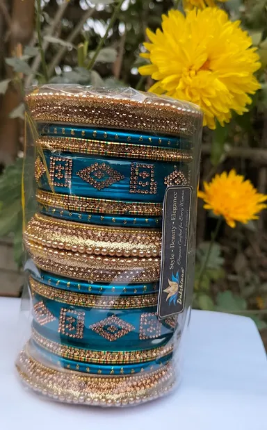 Dakshnna Teal Blue Designer Bridal Bangle Set for Women with Gold Rhinestone Stone Work Pearl Studded Indian Wedding Chooda Style Traditional Party Wear Bangles Jewellery Set thumbnail 2