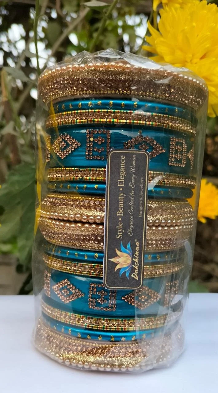 Dakshnna Teal Blue Designer Bridal Bangle Set for Women with Gold Rhinestone Stone Work Pearl Studded Indian Wedding Chooda Style Traditional Party Wear Bangles Jewellery Set image 1