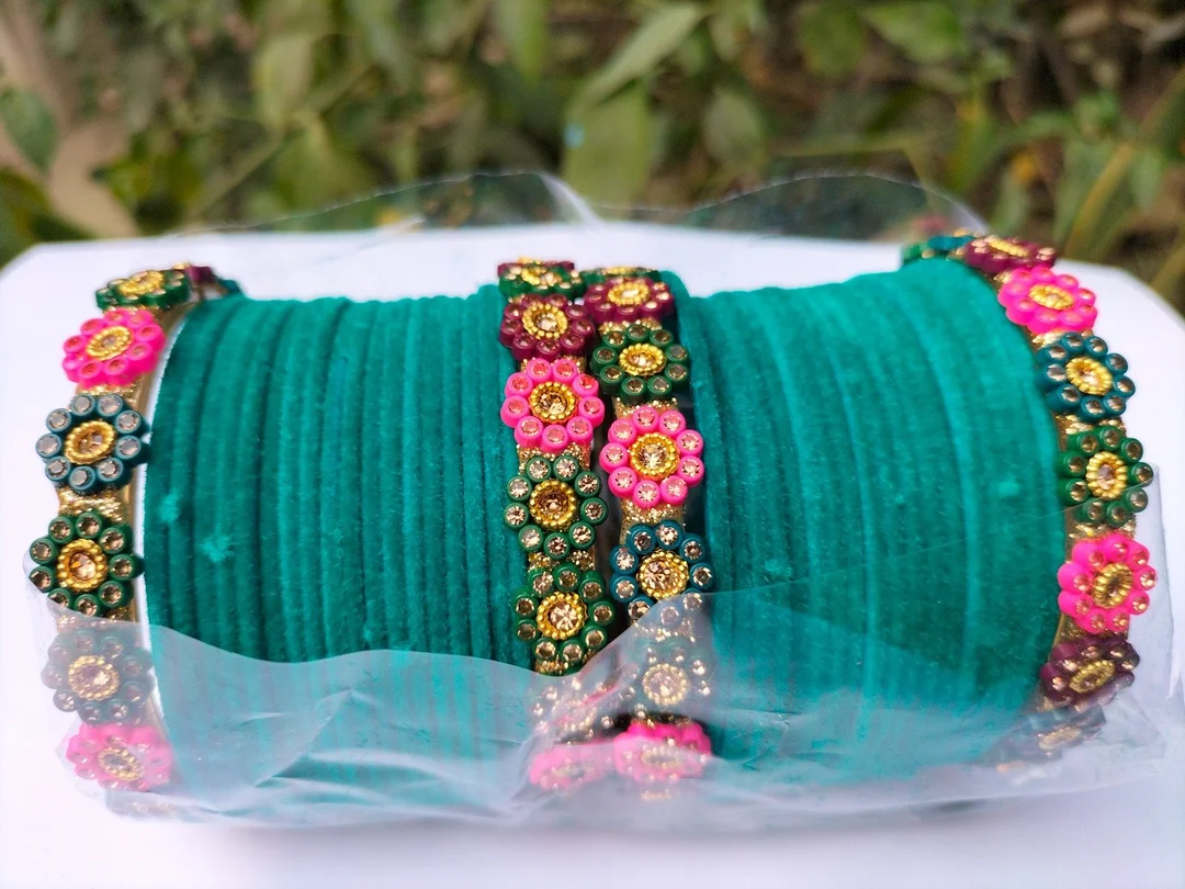 Green Velvet Bridal Bangle Set with Multicolour Stone Floral Design Traditional Indian Wedding Chura Bangles for Women Ethnic Party Wear Jewellery Set image 2