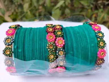 Green Velvet Bridal Bangle Set with Multicolour Stone Floral Design Traditional Indian Wedding Chura Bangles for Women Ethnic Party Wear Jewellery Set thumbnail 1