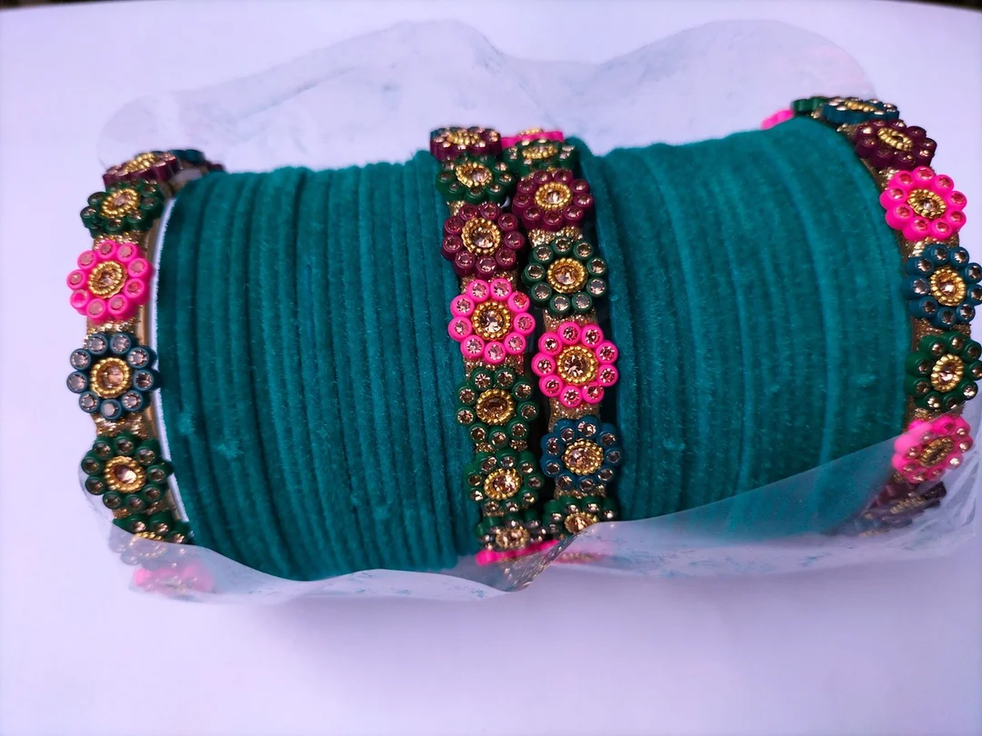 Green Velvet Bridal Bangle Set with Multicolour Stone Floral Design Traditional Indian Wedding Chura Bangles for Women Ethnic Party Wear Jewellery Set image 3