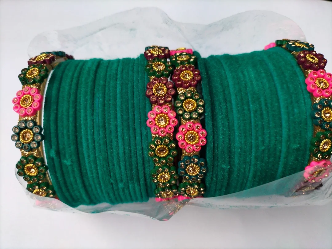 Green Velvet Bridal Bangle Set with Multicolour Stone Floral Design Traditional Indian Wedding Chura Bangles for Women Ethnic Party Wear Jewellery Set image 1