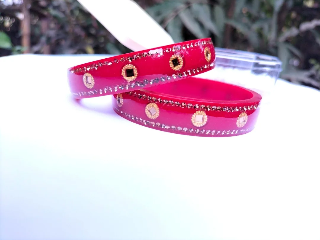 Traditional Red Lac Bangles for Women and Girls Stone Studded Designer Bridal Chura Style Ethnic Wedding Festival Jewellery Set Stylish Indian Kada Bangles Pair image 3