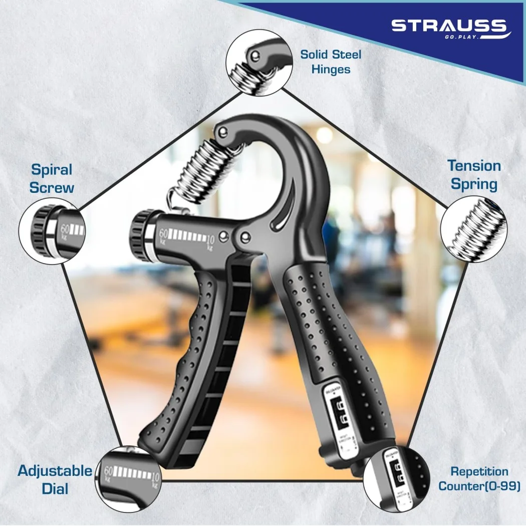 Strauss Adjustable Hand Grip with Counter Black 10KG–60KG Resistance Hand Gripper for Home Gym Workouts Forearm Strength Building Exercises for Men & Women India image 2
