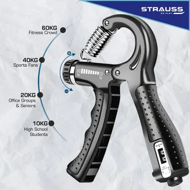 Strauss Adjustable Hand Grip with Counter Black 10KG–60KG Resistance Hand Gripper for Home Gym Workouts Forearm Strength Building Exercises for Men & Women India thumbnail 2