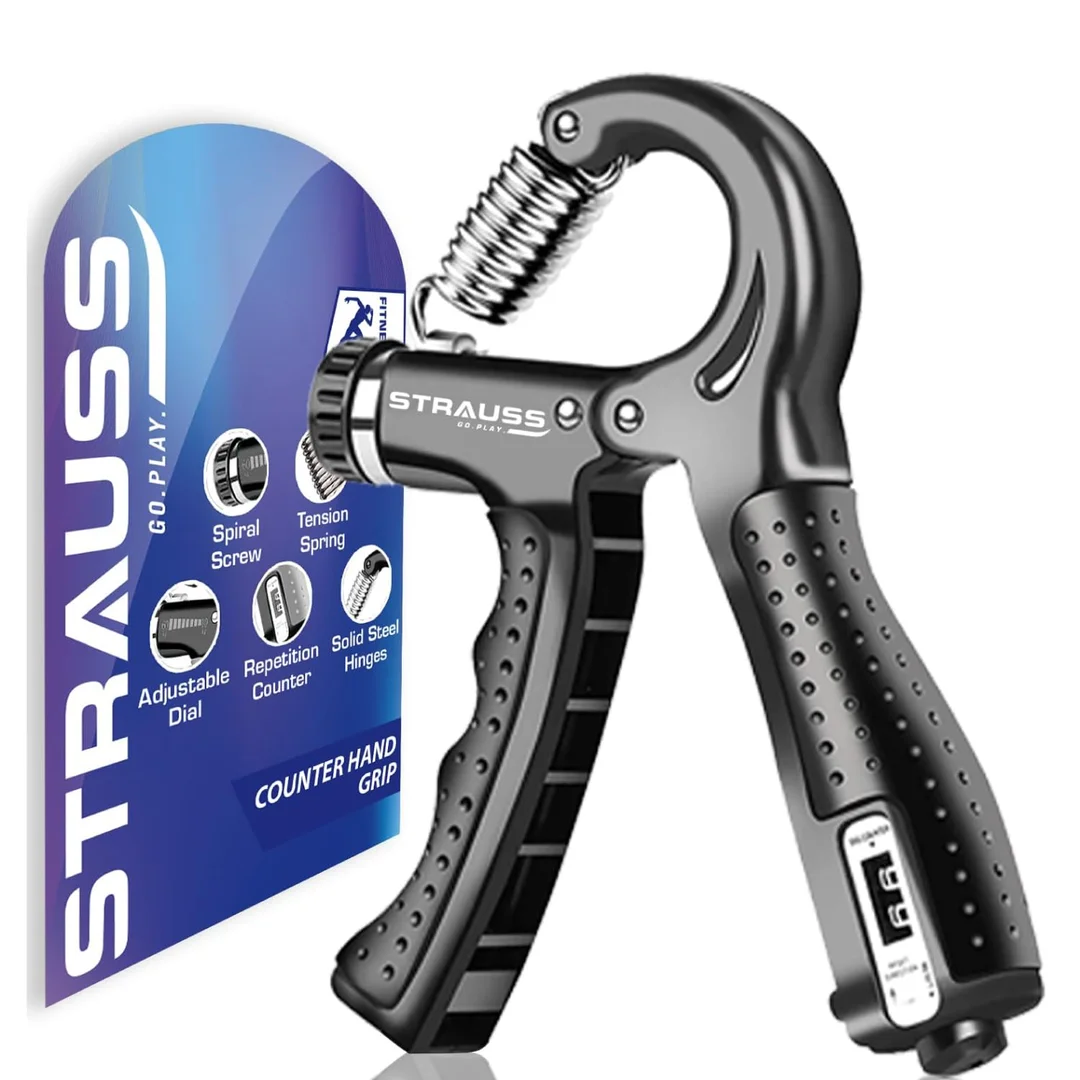 Strauss Adjustable Hand Grip Strengthener 10kg to 60kg Resistance Counter Hand Gripper Forearm Exercise Tool Home Gym Workout Equipment for Men Women Black image 2