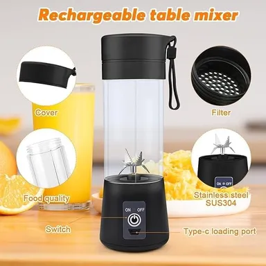 Portable USB Rechargeable 6-Blade Juicer Blender with Built-in Bottle Jar Multicolor Personal Smoothie Maker Mini Mixer Grinder for Juice Protein Shake Milkshake Travel Gym Home Use Black Black thumbnail 3