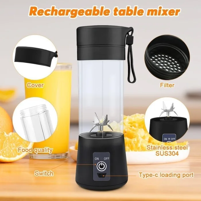 Portable 6-Blade Juicer Blender with Built-in Jar Juice Mixer Bottle USB Rechargeable Personal Size Juicer Grinder for Juices Protein Milk Shakes Multicolour Black Black image 3