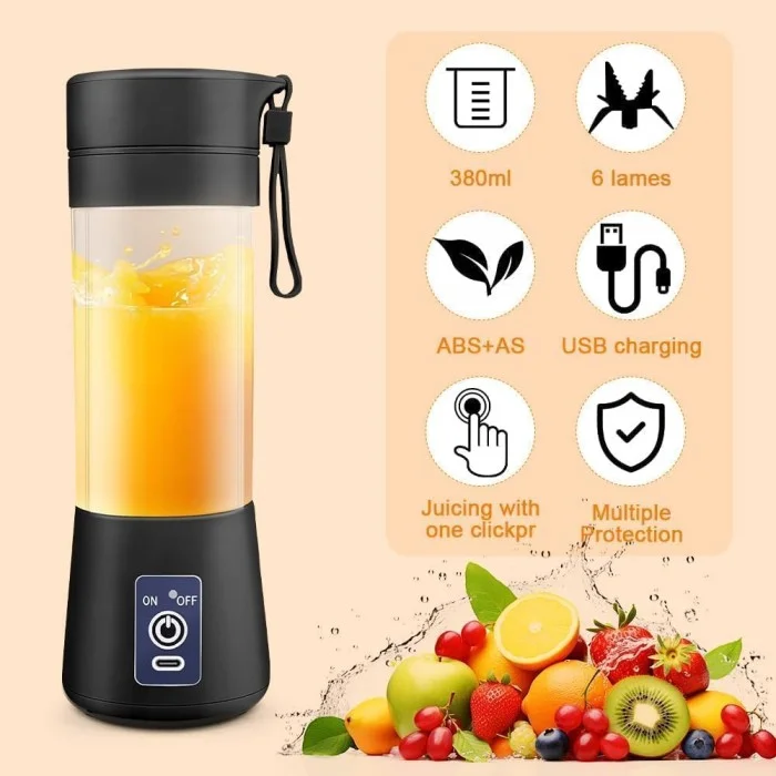Portable 6-Blade Juicer Blender with Built-in Jar Juice Mixer Bottle USB Rechargeable Personal Size Juicer Grinder for Juices Protein Milk Shakes Multicolour Black Black image 5