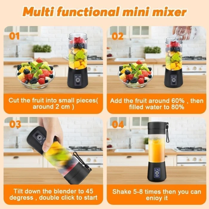 Portable 6-Blade Juicer Blender with Built-in Jar Juice Mixer Bottle USB Rechargeable Personal Size Juicer Grinder for Juices Protein Milk Shakes Multicolour Black Black image 7