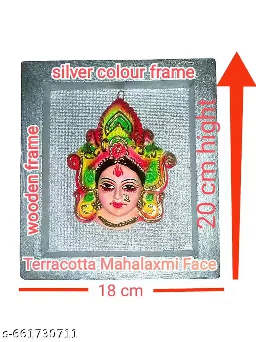 Mahalaxmi Devi Face Terracotta Wall Hanging with Wooden Frame Handmade Hindu Goddess Lakshmi Decorative Wall Art for Home Temple Pooja Room Diwali Festive Decor image 2