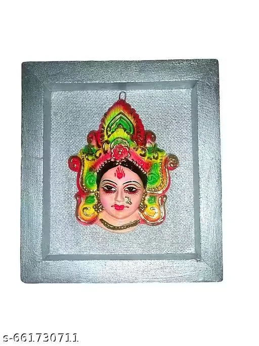 Mahalaxmi Devi Face Terracotta Wall Hanging with Wooden Frame Handmade Hindu Goddess Lakshmi Decorative Wall Art for Home Temple Pooja Room Diwali Festive Decor image 1