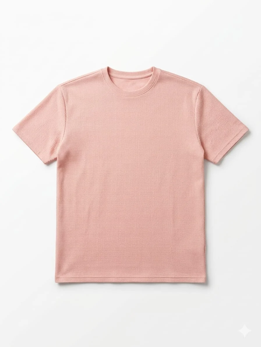 Premium Waffle Knit Cotton T Shirt for Men Peach Pink Crew Neck Half Sleeve Relaxed Fit Breathable Summer Casual Wear Solid Textured Tee India image 1