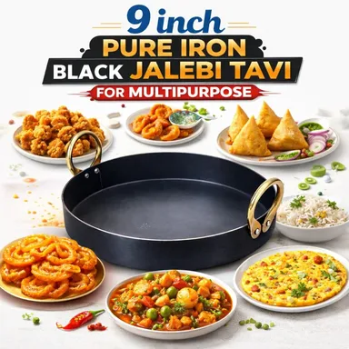 Heavy Duty Iron Kadhai 9 Inch with 2 Litre Capacity for Jalebi Frying and Deep Cooking Pure Iron Karahi with Sturdy Brass Handles Traditional Indian Cookware Flat Bottom Deep Fry Pan for Commercial and Home Kitchen Use thumbnail 2