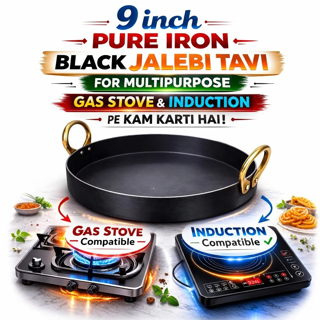 Heavy Duty Iron Kadhai 9 Inch with 2 Litre Capacity for Jalebi Frying and Deep Cooking Pure Iron Karahi with Sturdy Brass Handles Traditional Indian Cookware Flat Bottom Deep Fry Pan for Commercial and Home Kitchen Use image 4
