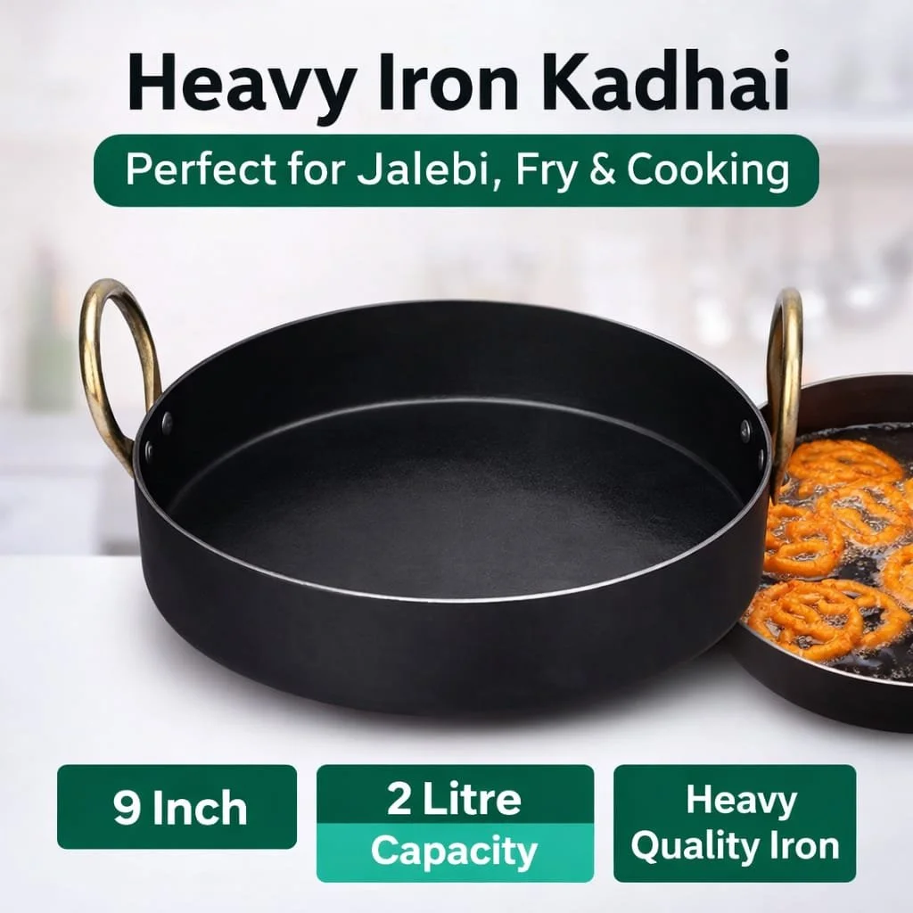 Heavy Duty Iron Kadhai 9 Inch with 2 Litre Capacity for Jalebi Frying and Deep Cooking Pure Iron Karahi with Sturdy Brass Handles Traditional Indian Cookware Flat Bottom Deep Fry Pan for Commercial and Home Kitchen Use image 1