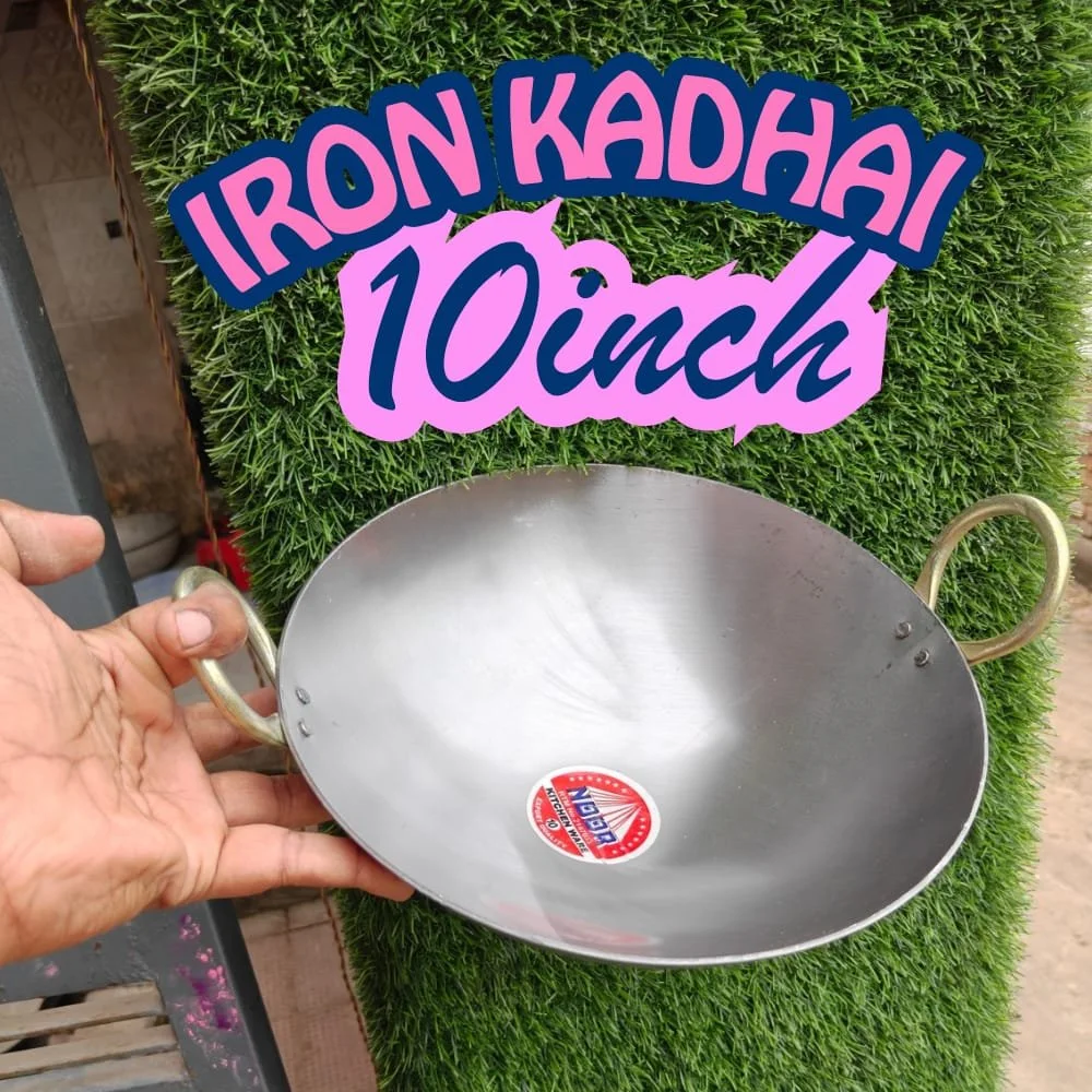 Noor Kitchen Ware Heavy Duty Iron Kadhai 10 Inch Size Professional Grade Pure Iron Karahi with Golden Brass Handles Traditional Deep Frying Pan for Jalebi Samosa and Daily Indian Cooking Round Bottom Loha Kadhai for Gas Stove image 2