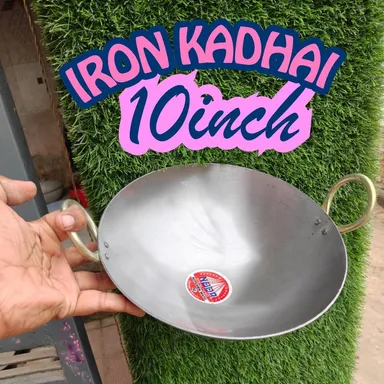 Noor Kitchen Ware Heavy Duty Iron Kadhai 10 Inch Size Professional Grade Pure Iron Karahi with Golden Brass Handles Traditional Deep Frying Pan for Jalebi Samosa and Daily Indian Cooking Round Bottom Loha Kadhai for Gas Stove thumbnail 1