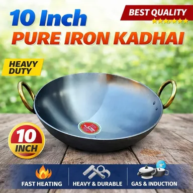 Noor Kitchen Ware Heavy Duty Iron Kadhai 10 Inch Size Professional Grade Pure Iron Karahi with Golden Brass Handles Traditional Deep Frying Pan for Jalebi Samosa and Daily Indian Cooking Round Bottom Loha Kadhai for Gas Stove thumbnail 3