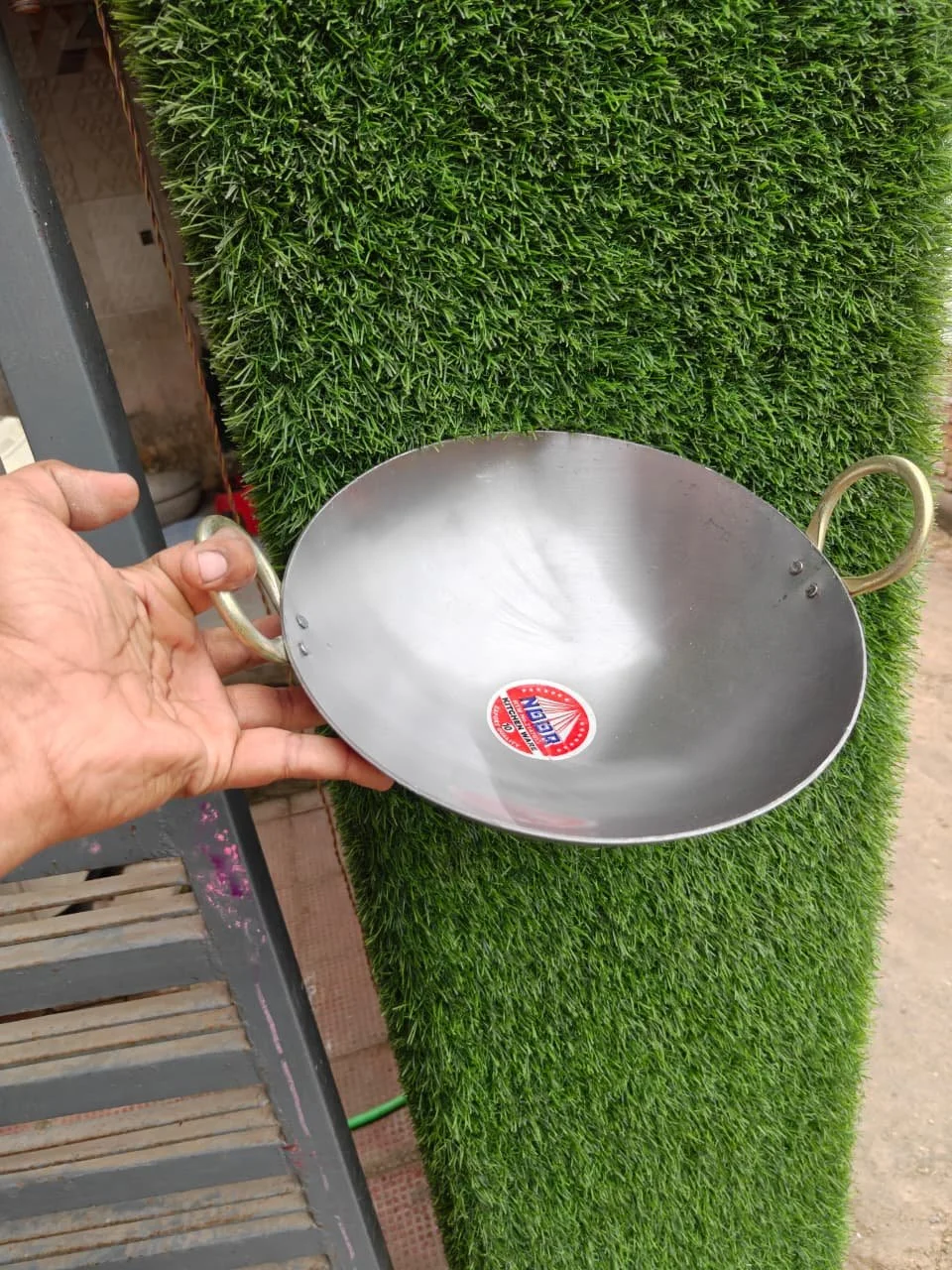 Noor Kitchen Ware Heavy Duty Iron Kadhai 10 Inch Size Professional Grade Pure Iron Karahi with Golden Brass Handles Traditional Deep Frying Pan for Jalebi Samosa and Daily Indian Cooking Round Bottom Loha Kadhai for Gas Stove image 1