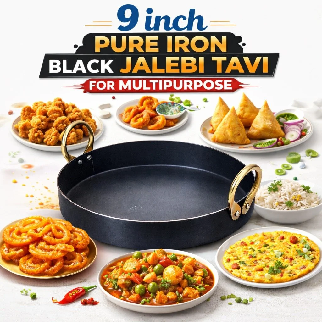 Pure Iron Black Jalebi Tavi 9 Inch for Multipurpose Cooking Heavy Duty Flat Bottom Iron Pan with Golden Brass Handles Traditional Indian Sweet Maker and Deep Frying Tawa Professional Grade Loha Tavi for Commercial and Home Kitchen Use image 1
