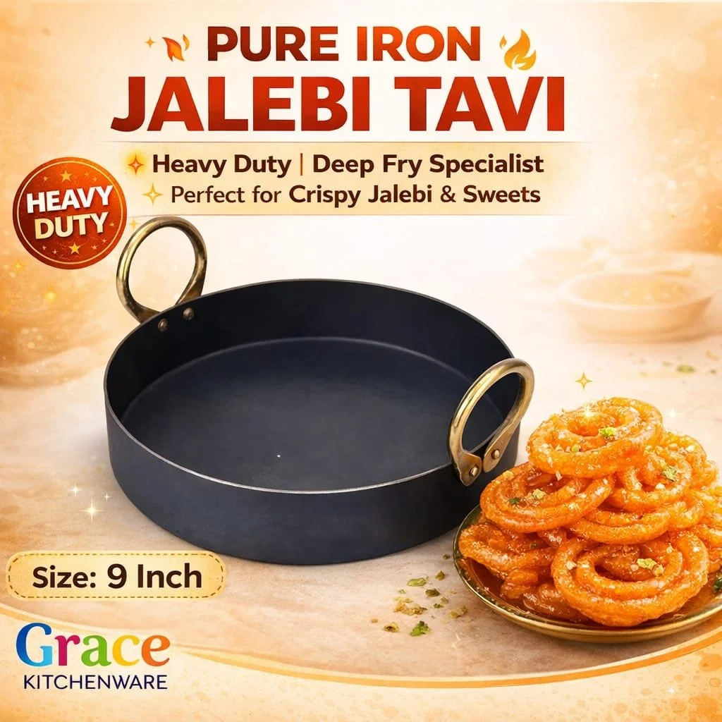 Heavy Duty Iron Jalebi Kadhai and Deep Frying Pan with 9 Inch Diameter for Crispy Jalebis Samosas and Tasty Tadka Traditional Pure Iron Karahi with Sturdy Brass Handles Flat Bottom Cookware for Gas Stove and Open Flame Cooking image 4
