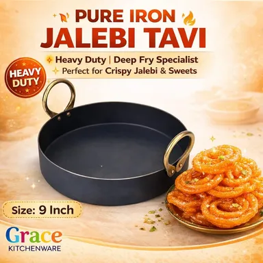 Heavy Duty Iron Jalebi Kadhai and Deep Frying Pan with 9 Inch Diameter for Crispy Jalebis Samosas and Tasty Tadka Traditional Pure Iron Karahi with Sturdy Brass Handles Flat Bottom Cookware for Gas Stove and Open Flame Cooking thumbnail 3