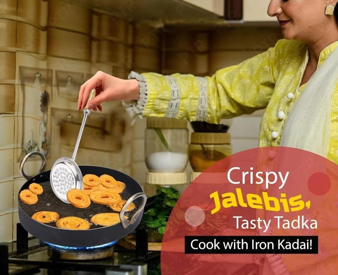 Heavy Duty Iron Jalebi Kadhai and Deep Frying Pan with 9 Inch Diameter for Crispy Jalebis Samosas and Tasty Tadka Traditional Pure Iron Karahi with Sturdy Brass Handles Flat Bottom Cookware for Gas Stove and Open Flame Cooking image 1