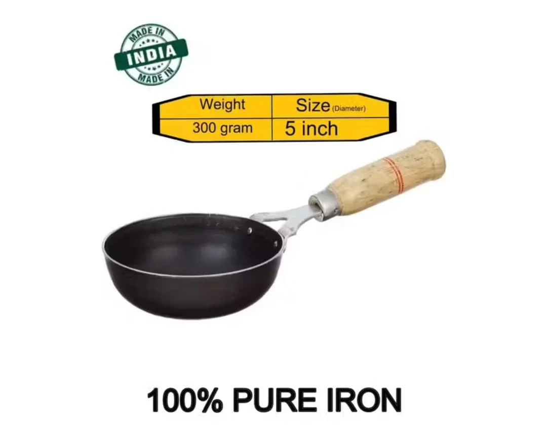 100% Pure Iron Tadka Pan 5 Inch with Heat Resistant Wooden Handle Small Heavy Duty Vaghar Pan for Dal Tempering Traditional Indian Seasoning Pan for Kitchen use Black Loha Kadhai for Gas Stove Made in India 300 Gram Weight image 1