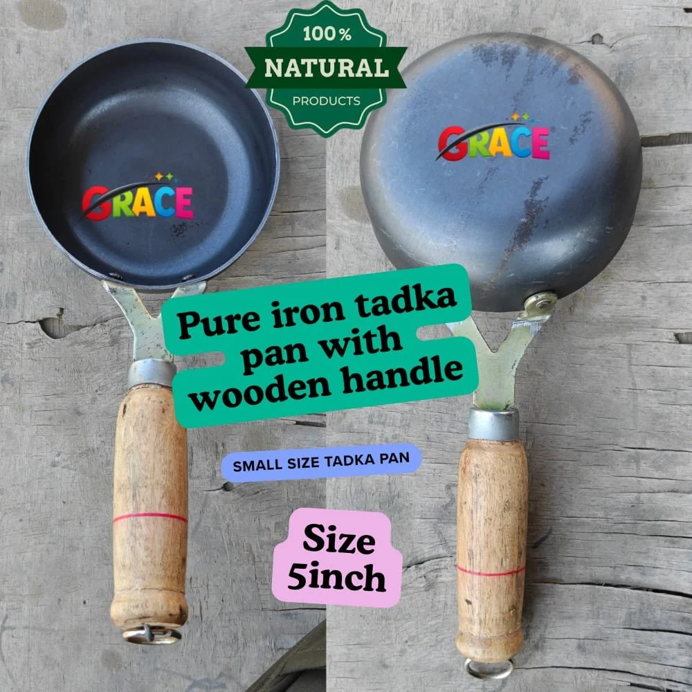 100% Pure Iron Tadka Pan 5 Inch with Heat Resistant Wooden Handle Small Heavy Duty Vaghar Pan for Dal Tempering Traditional Indian Seasoning Pan for Kitchen use Black Loha Kadhai for Gas Stove Made in India 300 Gram Weight image 3