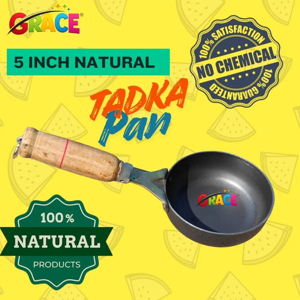 100% Pure Iron Tadka Pan 5 Inch with Heat Resistant Wooden Handle Small Heavy Duty Vaghar Pan for Dal Tempering Traditional Indian Seasoning Pan for Kitchen use Black Loha Kadhai for Gas Stove Made in India 300 Gram Weight image 4