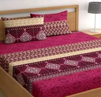 Aarvi Double Queen Fitted Bedsheet 100% Cotton 200 Thread Count Elastic All Around Bed Sheet with 2 Pillow Covers Maroon Ethnic Print Soft Breathable Summer Bedding Set thumbnail 2