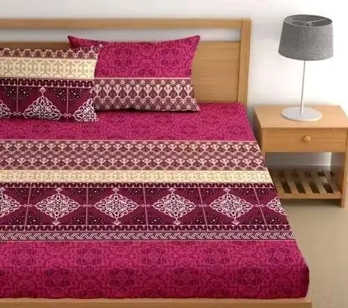 Aarvi Double Queen Fitted Bedsheet 100% Cotton 200 Thread Count Elastic All Around Bed Sheet with 2 Pillow Covers Maroon Ethnic Print Soft Breathable Summer Bedding Set image 1