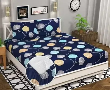 Aarvi Glace Cotton Fitted Bedsheet Double Queen Size 72x72 Elastic All Around 220 Thread Count Botanical Print Soft Breathable Bed Sheet with 2 Pillow Covers India thumbnail 3