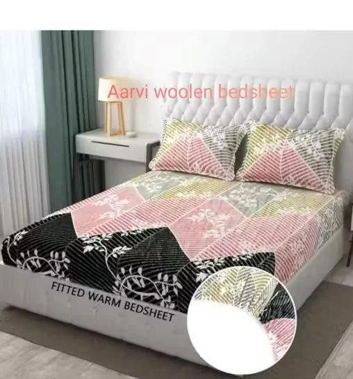 Premium Double King Size Velvet Woolen Elastic Bedsheet with 2 Pillow Covers 320 TC Heavy Winter Warm Soft Fitted Bed Sheet Multicolor Botanical Print image 1