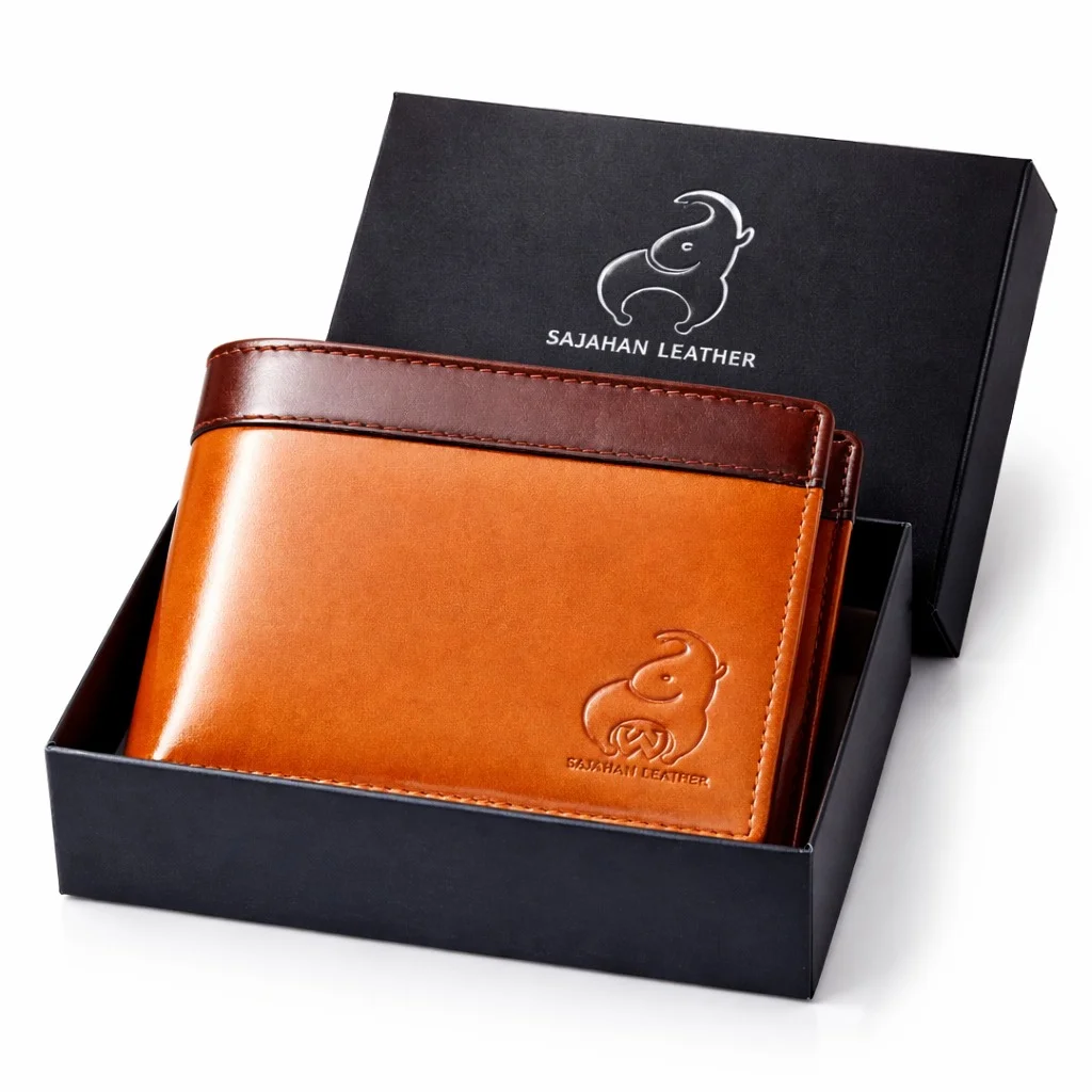 Sajahan Leather Premium Genuine Leather Bifold Wallet for Men Tan Brown Dual Tone RFID Blocking Slim Wallet with Card Slots Cash Compartment Gift Box Luxury Men Wallet India image 2
