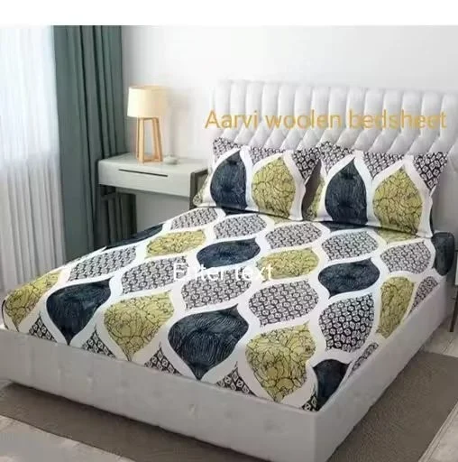 Premium Woolen Bedsheet Double Bed Heavy Winter Warm Bed Sheet Soft Thick Blanket Style Bedding Set for Cold Weather Comfort India King Size Grey Brown Floral Printed image 1