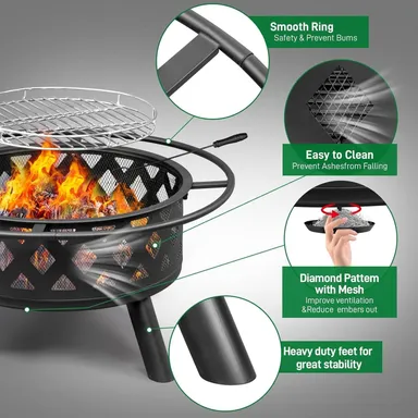 32 Inch Outdoor Fire Pit 2-in-One Large Wood Burning Firepit with Cooking Grill and Fire Poker for BBQ Patio Bonfire Camping Picnic Heating Outdoor Use India thumbnail 2