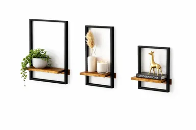15 Inch Rustic Wooden Floating Wall Shelves with Metal Frame Set of 3 Home Decor Wall Mounted Display Organizing Shelf for Living Room Bedroom Office Bathroom India thumbnail 1