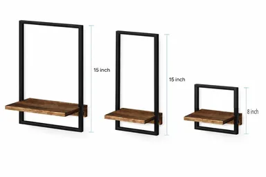 15 Inch Rustic Wooden Floating Wall Shelves with Metal Frame Set of 3 Home Decor Wall Mounted Display Organizing Shelf for Living Room Bedroom Office Bathroom India thumbnail 2