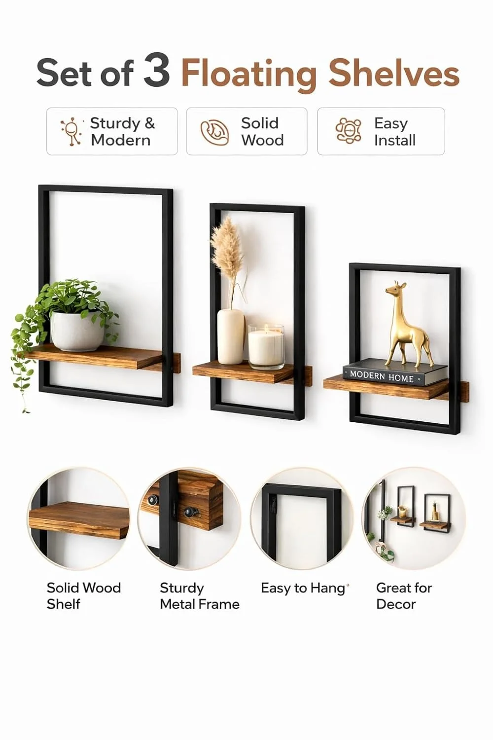 15 Inch Rustic Wooden Floating Wall Shelves with Metal Frame Set of 3 Home Decor Wall Mounted Display Organizing Shelf for Living Room Bedroom Office Bathroom India image 4