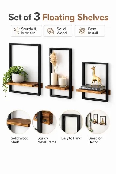 15 Inch Rustic Wooden Floating Wall Shelves with Metal Frame Set of 3 Home Decor Wall Mounted Display Organizing Shelf for Living Room Bedroom Office Bathroom India thumbnail 3